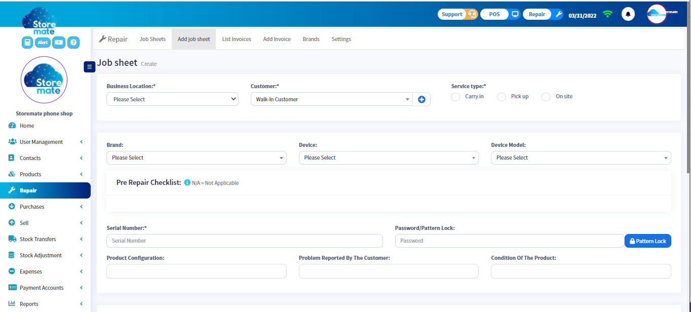 Add New Job Sheet Form